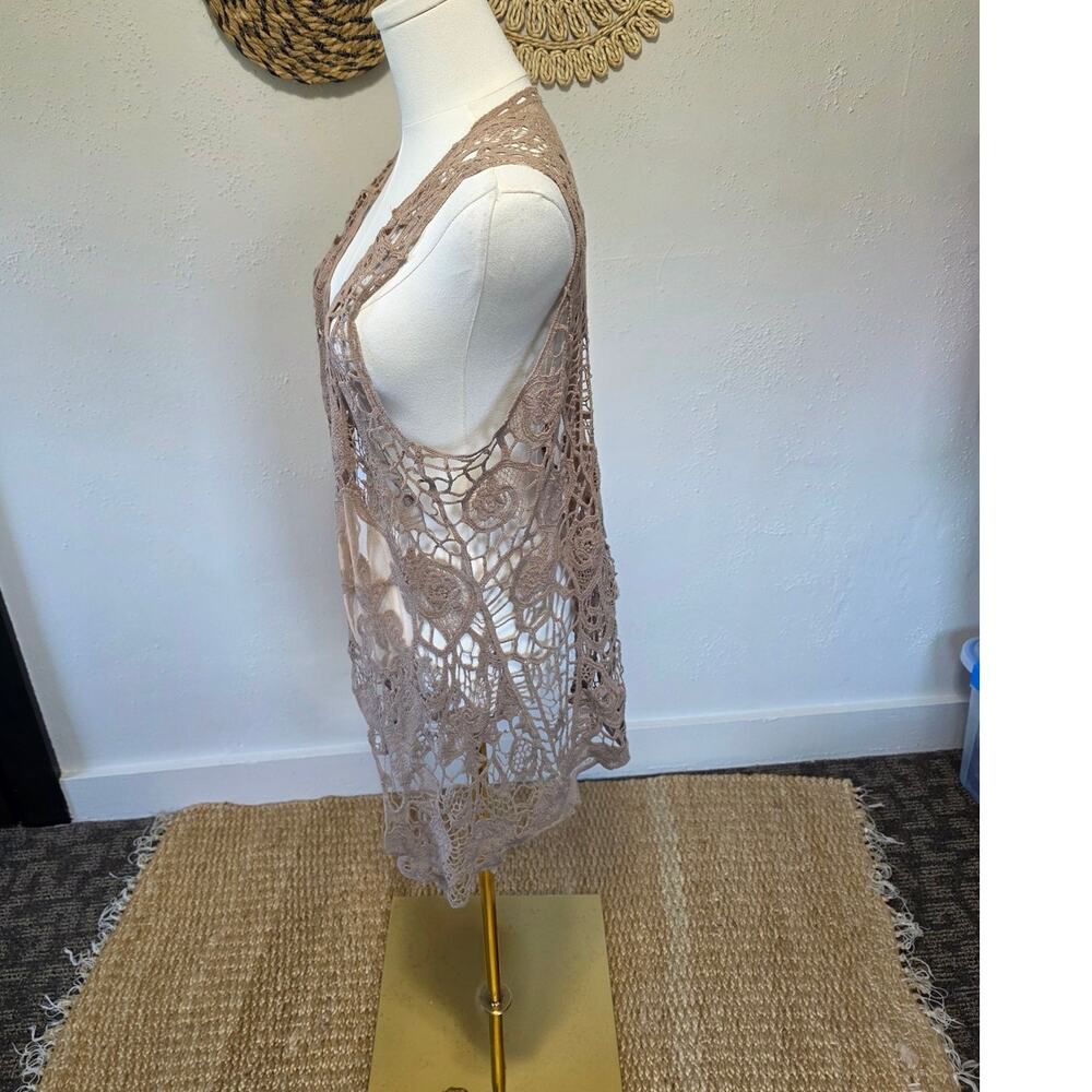 Jastie Mocha Beige Crochet Festival Asymmetrical Open Front Cardigan Womens OS - Picture 4 of 4
